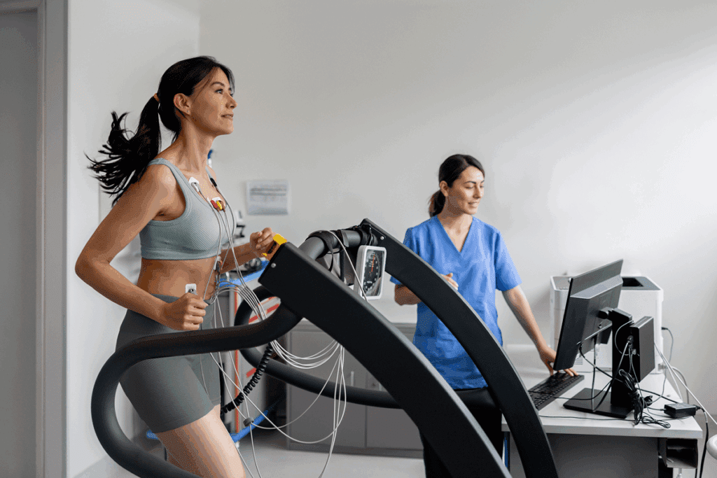 Woman running on treadmill with nurse monitoring.