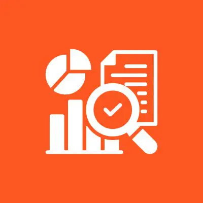 Charts and document analysis icon on orange.
