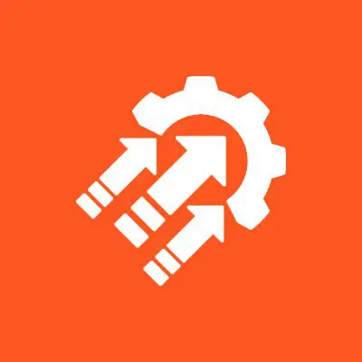 White arrows and gear on orange background.