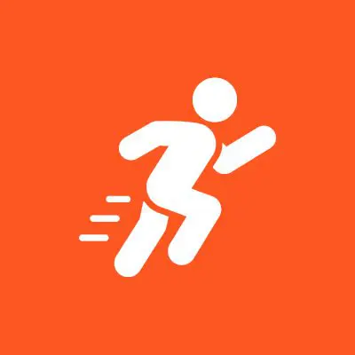 Running figure icon on orange background.